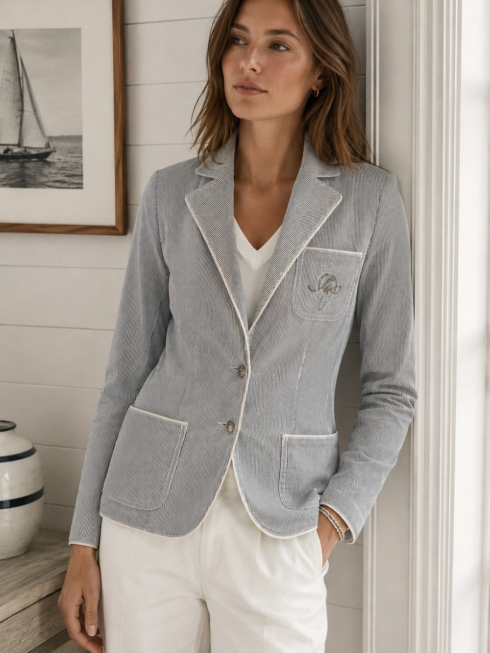 Olsen Nautical Preppy Coastal Quiet Luxury French Girl Blazer Sz M